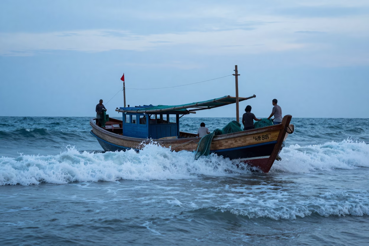 Hoi An Vietnam Nautical Dawn Fishing Boat Returning Through Crashing Surf in in Hoi An, Vietnam