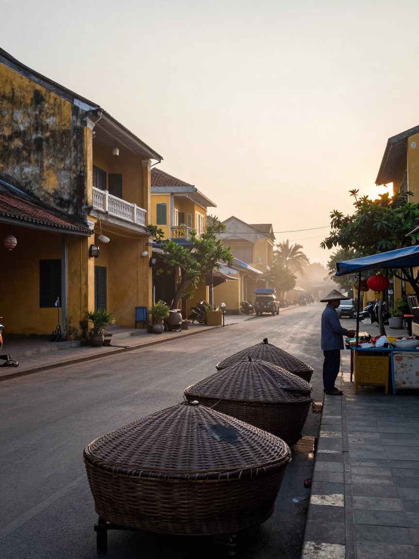 Hoi An Vietnam Nautical Dawn Street Scene with Condensation and Wicker Shadow in in Hoi An, Vietnam