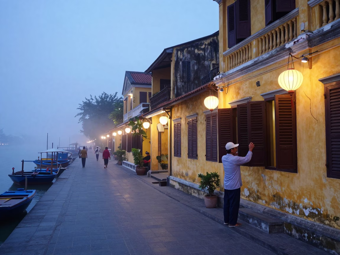 Hoi An Vietnam Nautical Dawn Street Scene with Lanterns and Local Life in in Hoi An, Vietnam