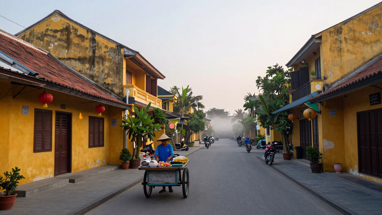 Hoi An Vietnam Nautical Dawn Street Scene with Local Vendor and Vintage Majolica Plate in in Hoi An, Vietnam