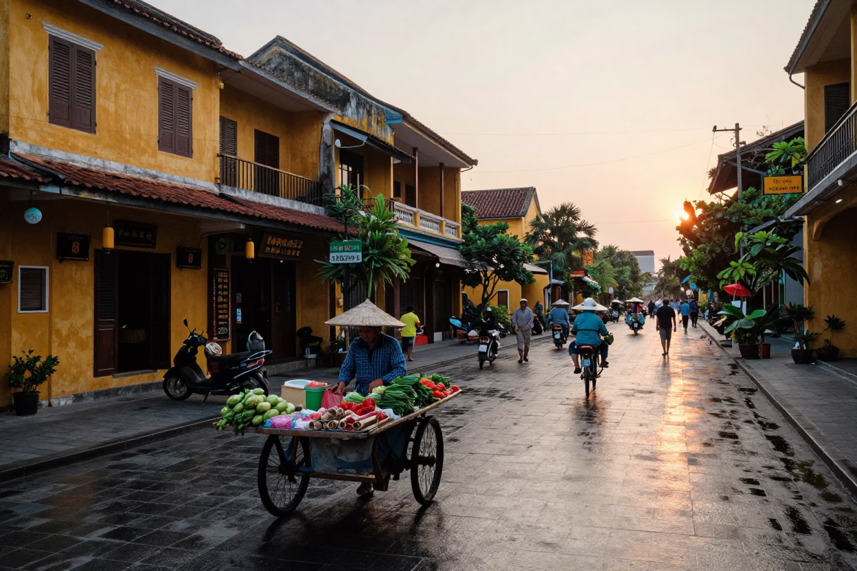 Hoi An Vietnam Nautical Dawn Street Scene with Local Vendors and Traditional Architecture in in Hoi An, Vietnam
