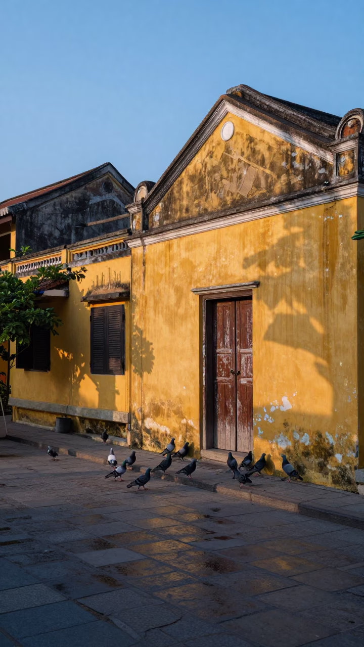 Hoi An Vietnam Nautical Dawn Street Scene with Pigeons and Local Life in in Hoi An, Vietnam