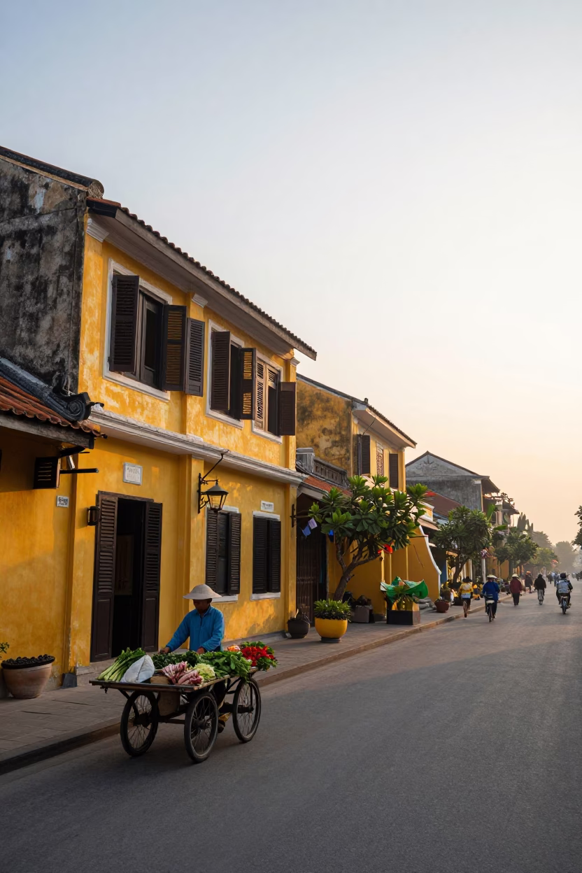 Hoi An Vietnam Nautical Dawn Street Scene with Yellow Walls and Local Market Activity in in Hoi An, Vietnam