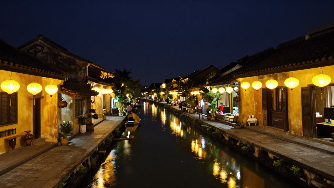 Hoi An Vietnam Night Canal Street Scene with Traditional Lanterns and Water Reflections in in Hoi An, Vietnam