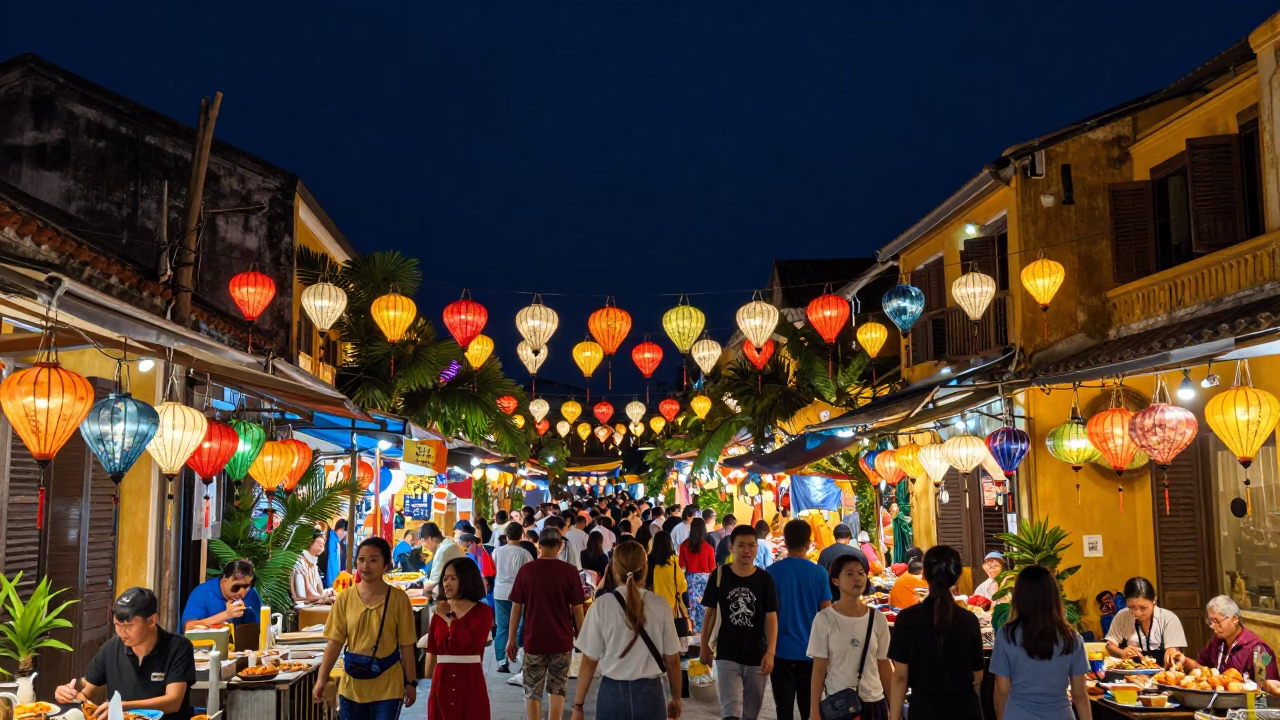 Hoi An Vietnam Night Market Bustle with Lanterns and Local Street Food Vendor in in Hoi An, Vietnam