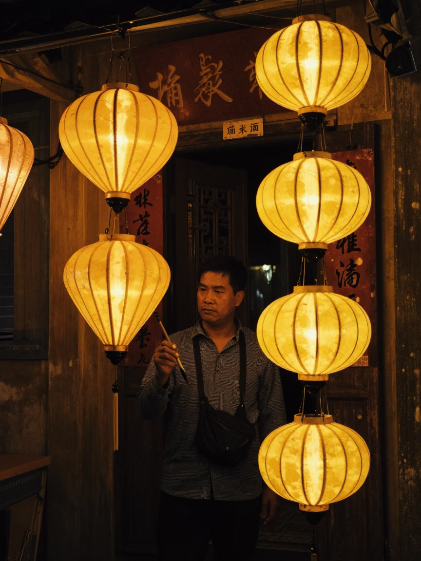 Hoi An Vietnam Night Market Lanterns and Calligraphy Brush in Deep Night in in Hoi An, Vietnam