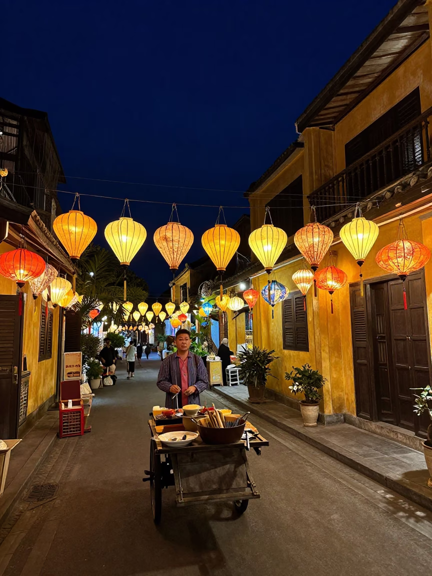 Hoi An Vietnam Night Market Lanterns and Local Street Life Under Deep Night Sky in in Hoi An, Vietnam