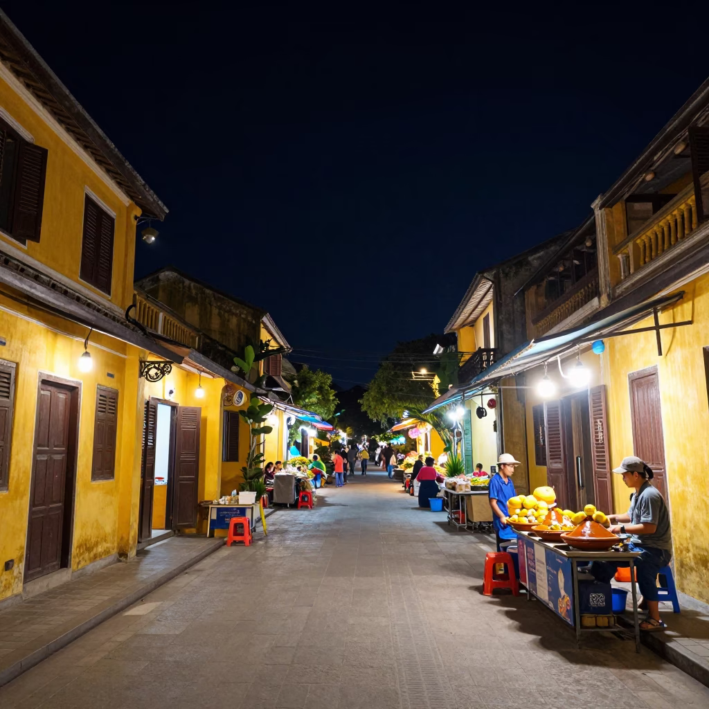 Hoi An Vietnam Night Market Street Scene Under Deep Dark Sky in in Hoi An, Vietnam