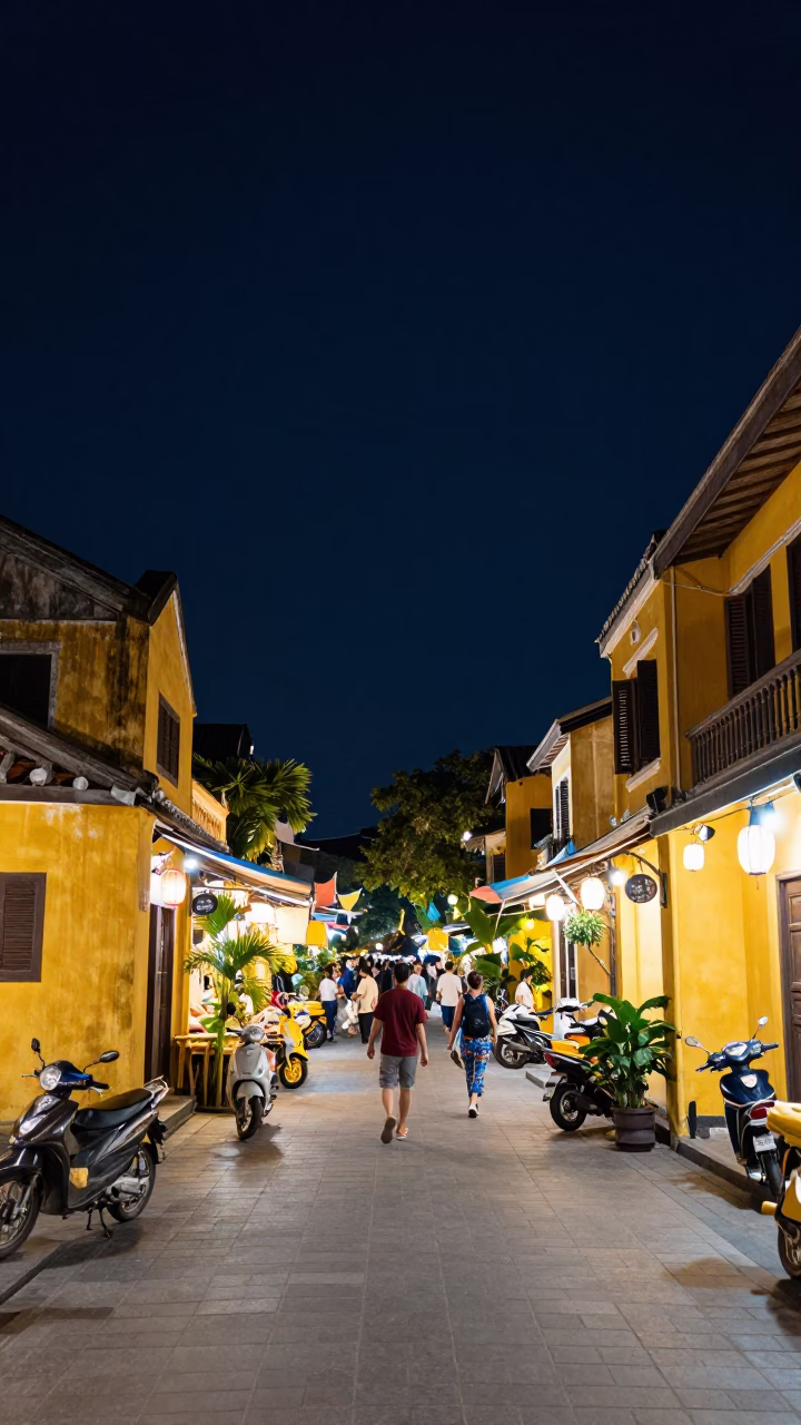 Hoi An Vietnam Night Market Street Scene Under Deep Night Sky in in Hoi An, Vietnam