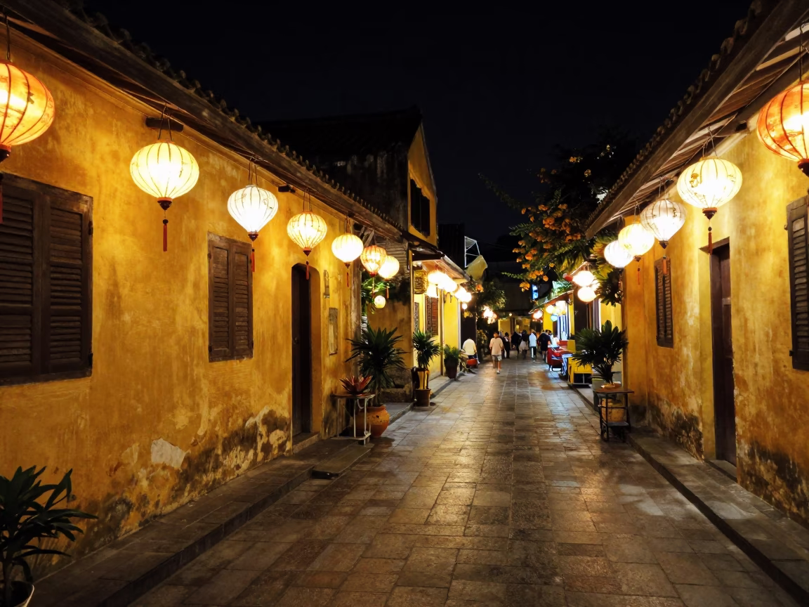 Hoi An Vietnam Night Market Street Scene with Lanterns and Local Life in in Hoi An, Vietnam