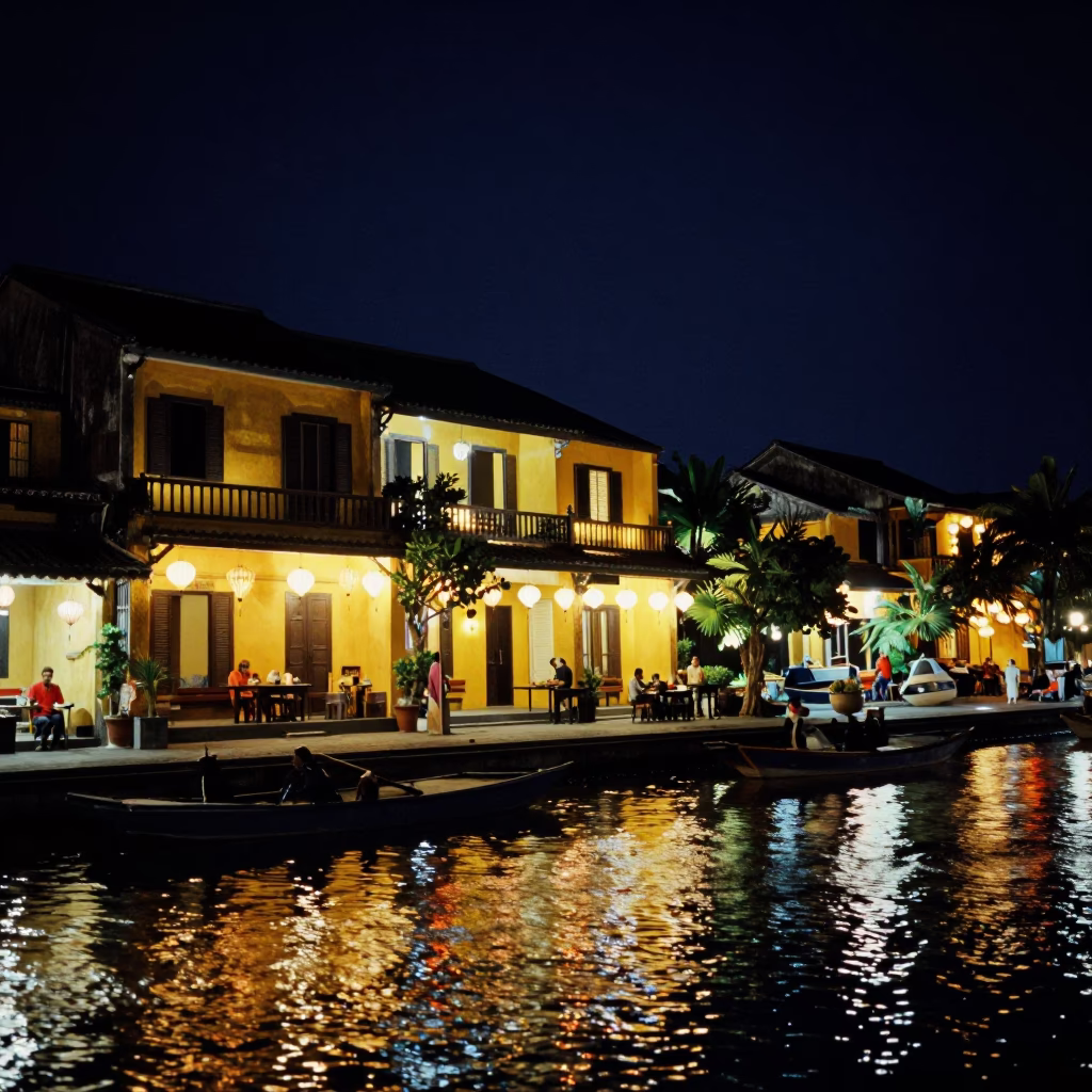 Hoi An Vietnam Night Scene Yellow Shophouses Lanterns Thu Bon River Street Photography in in Hoi An, Vietnam