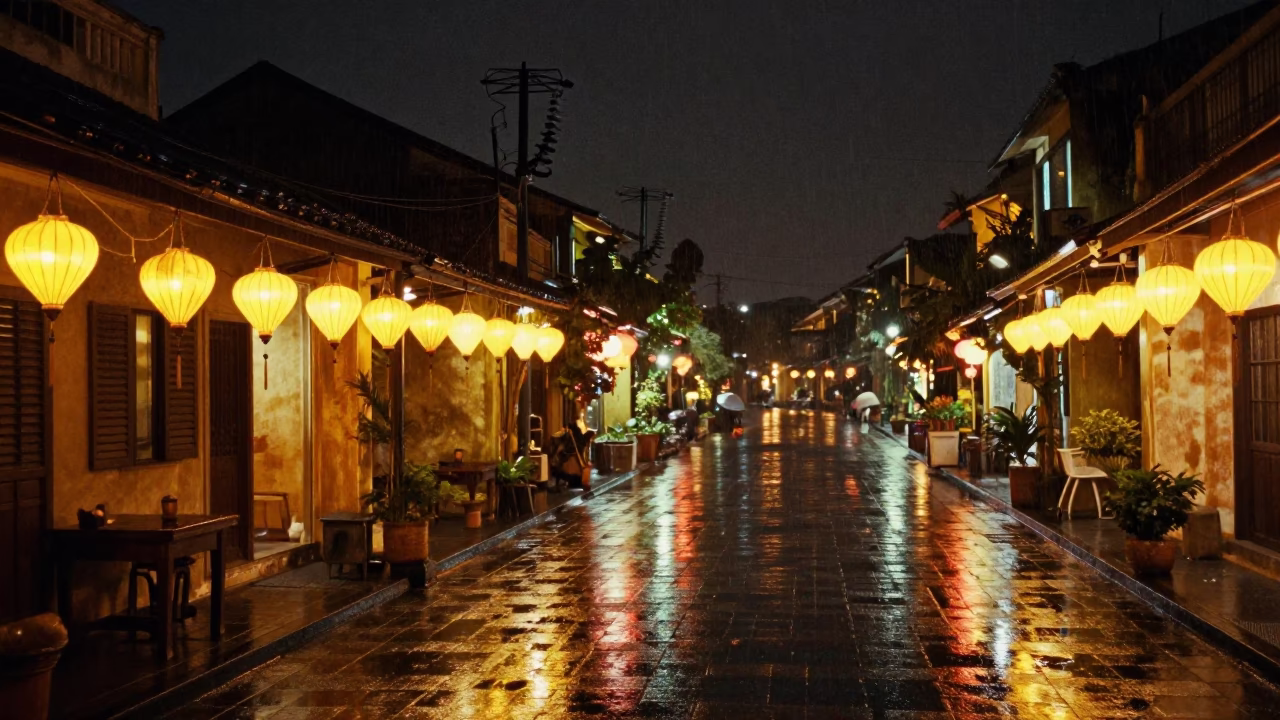 Hoi An Vietnam Night Street Lanterns and Substation Insulators Rain Reflections in in Hoi An, Vietnam