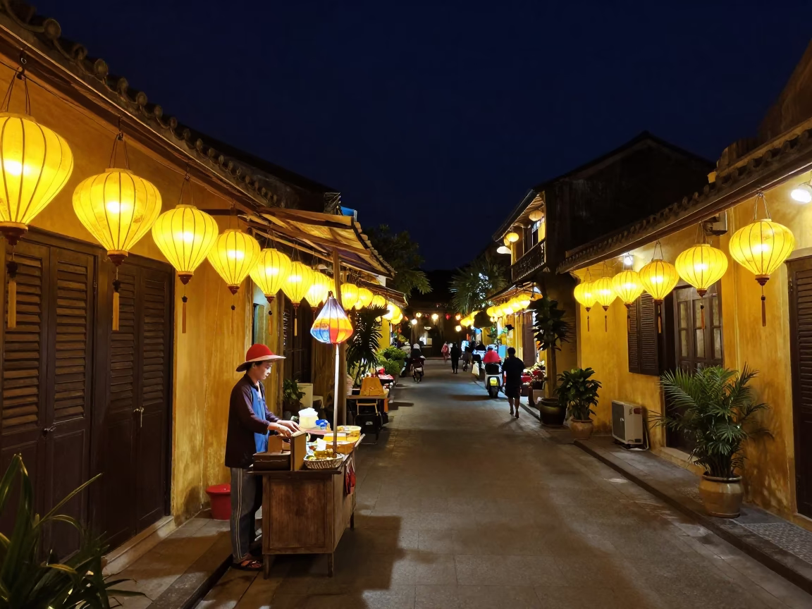 Hoi An Vietnam Night Street Scene with Lanterns and Local Life in in Hoi An, Vietnam