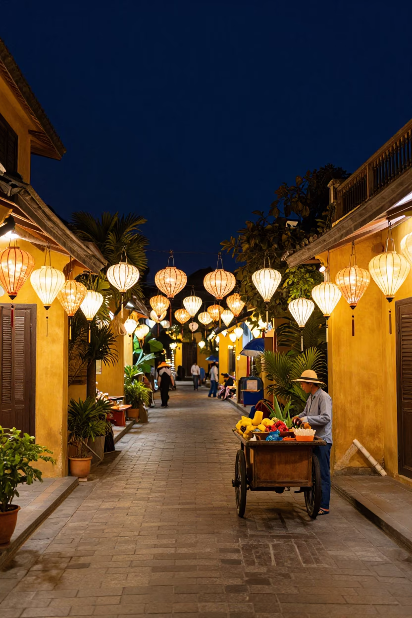Hoi An Vietnam Night Street Scene with Lanterns and Local Life in in Hoi An, Vietnam
