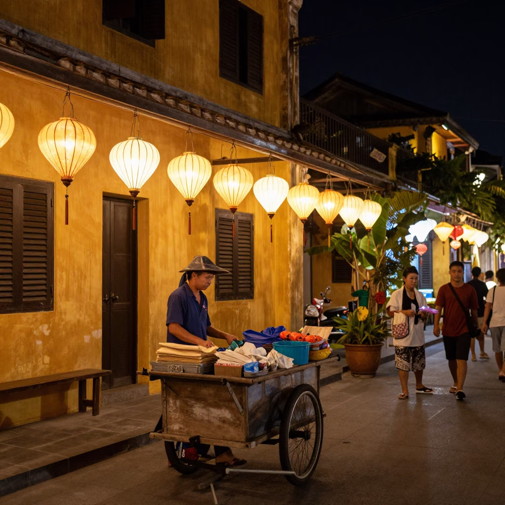 Hoi An Vietnam Night Street Scene with Lanterns and Local Vendor in in Hoi An, Vietnam