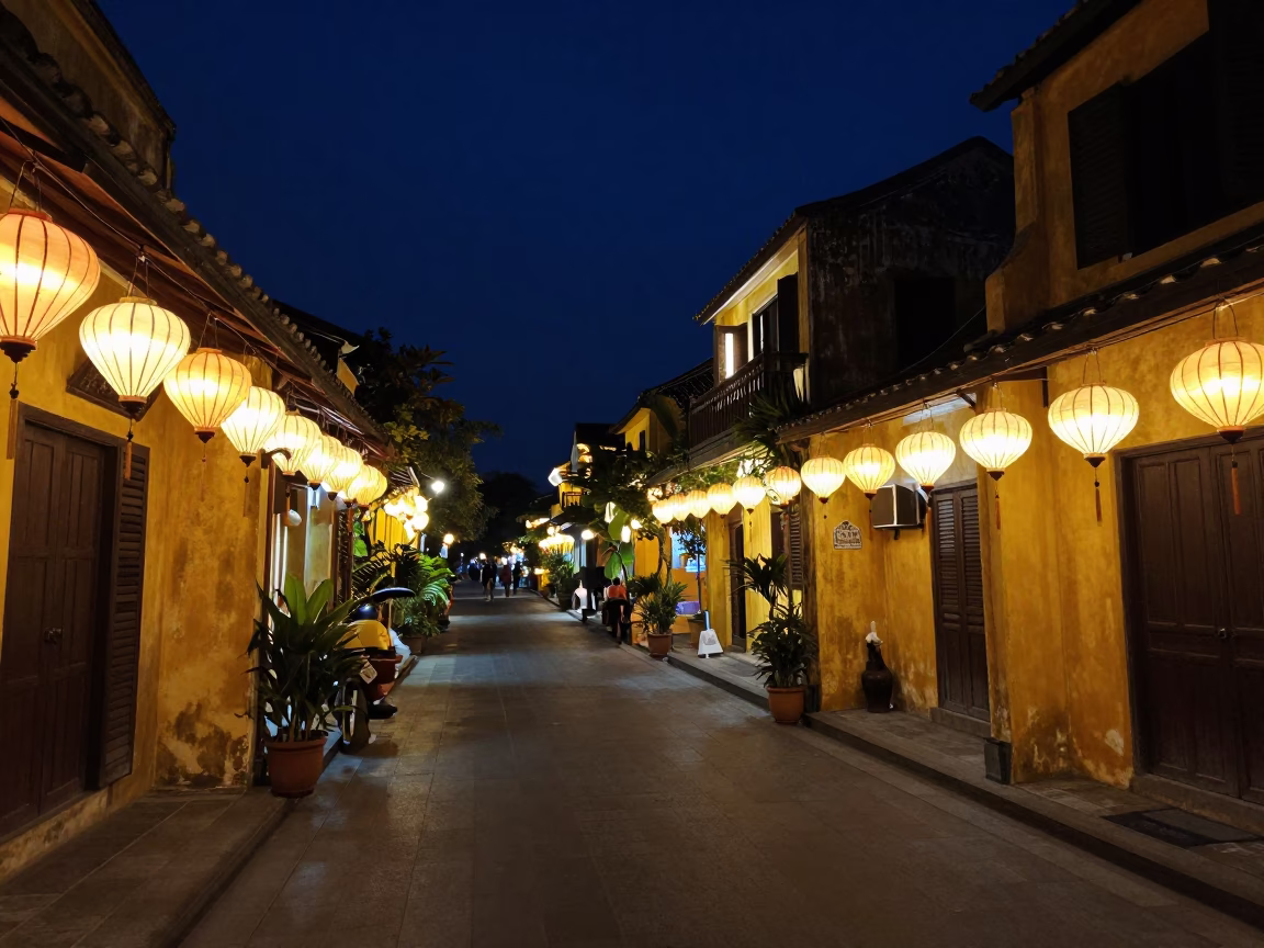 Hoi An Vietnam Night Street Scene with Paper Lanterns and Local Pedestrians in in Hoi An, Vietnam