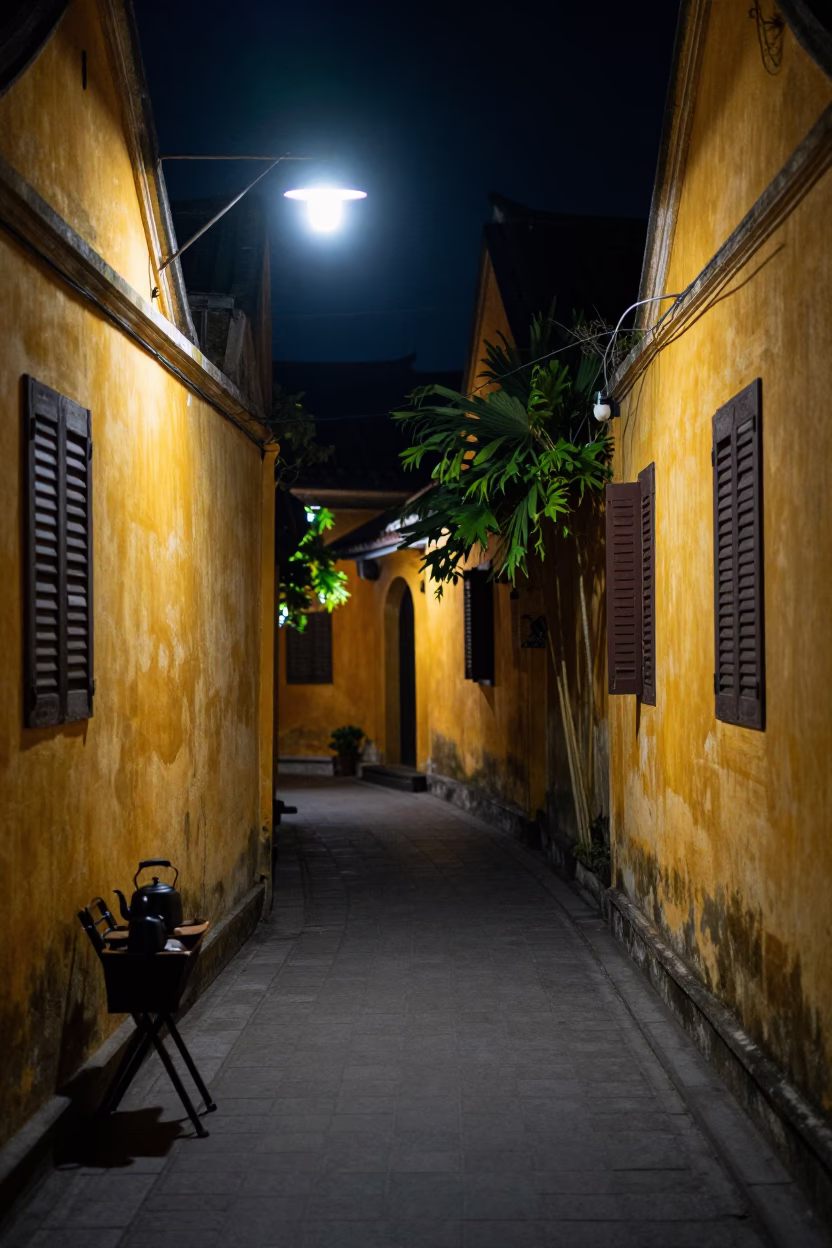 Hoi An Vietnam Night Street Scene with Tea Kettle and Folding Chair in in Hoi An, Vietnam