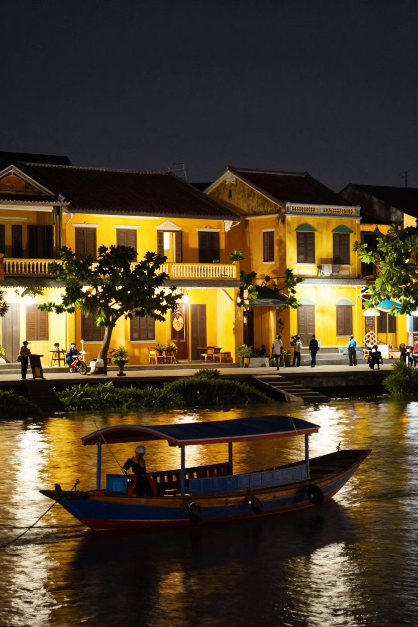 Hoi An Vietnam Night Street Scene with Yellow Colonial Buildings and Lanterns in in Hoi An, Vietnam