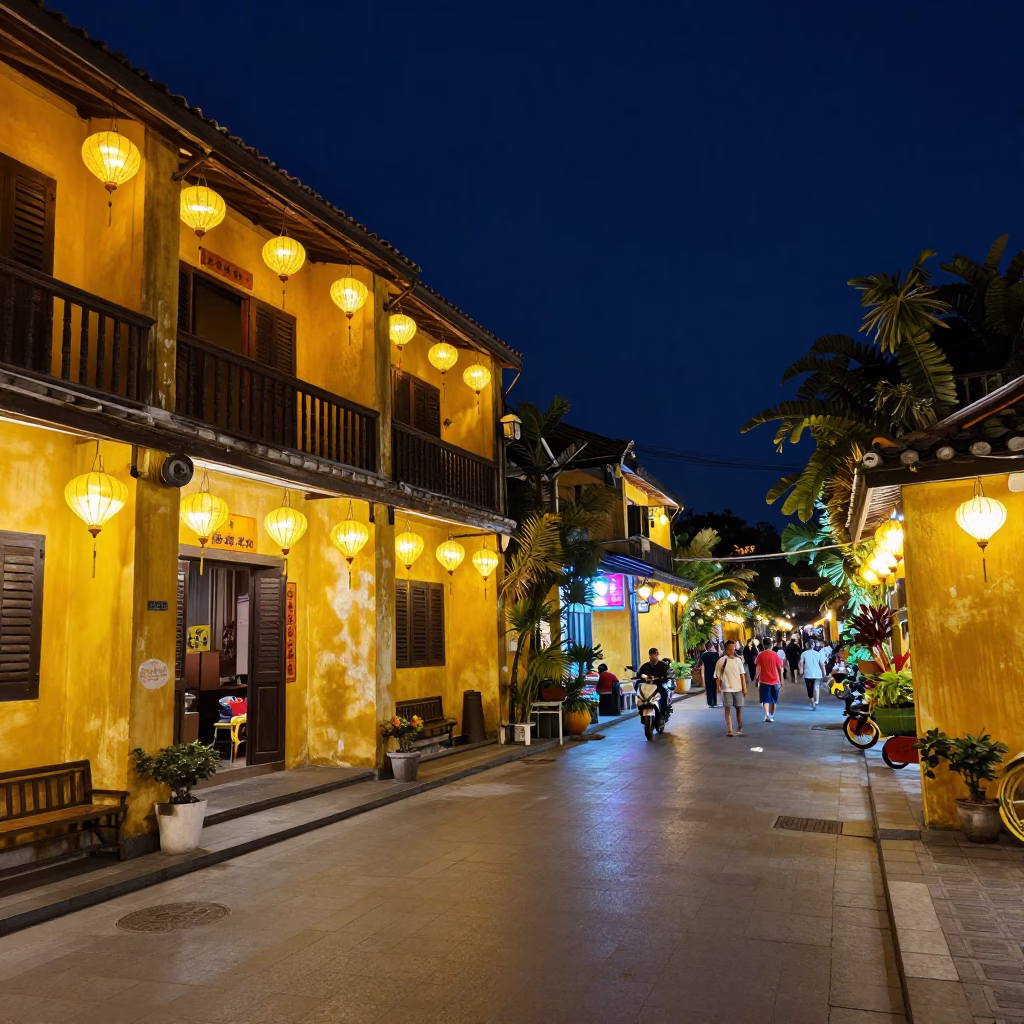 Hoi An Vietnam night street scene with yellow walls and lanterns in in Hoi An, Vietnam