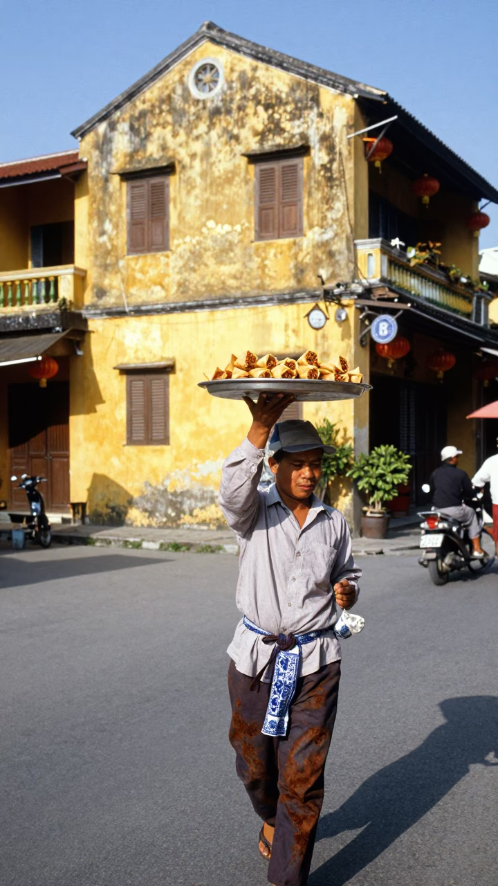 Hoi An Vietnam Noon Street Scene with Blue Porcelain and Rusty Bowl in in Hoi An, Vietnam