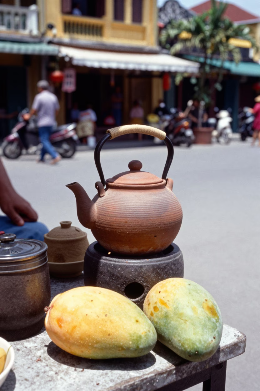 Hoi An Vietnam noon street scene with clay teapot and mango tree in in Hoi An, Vietnam