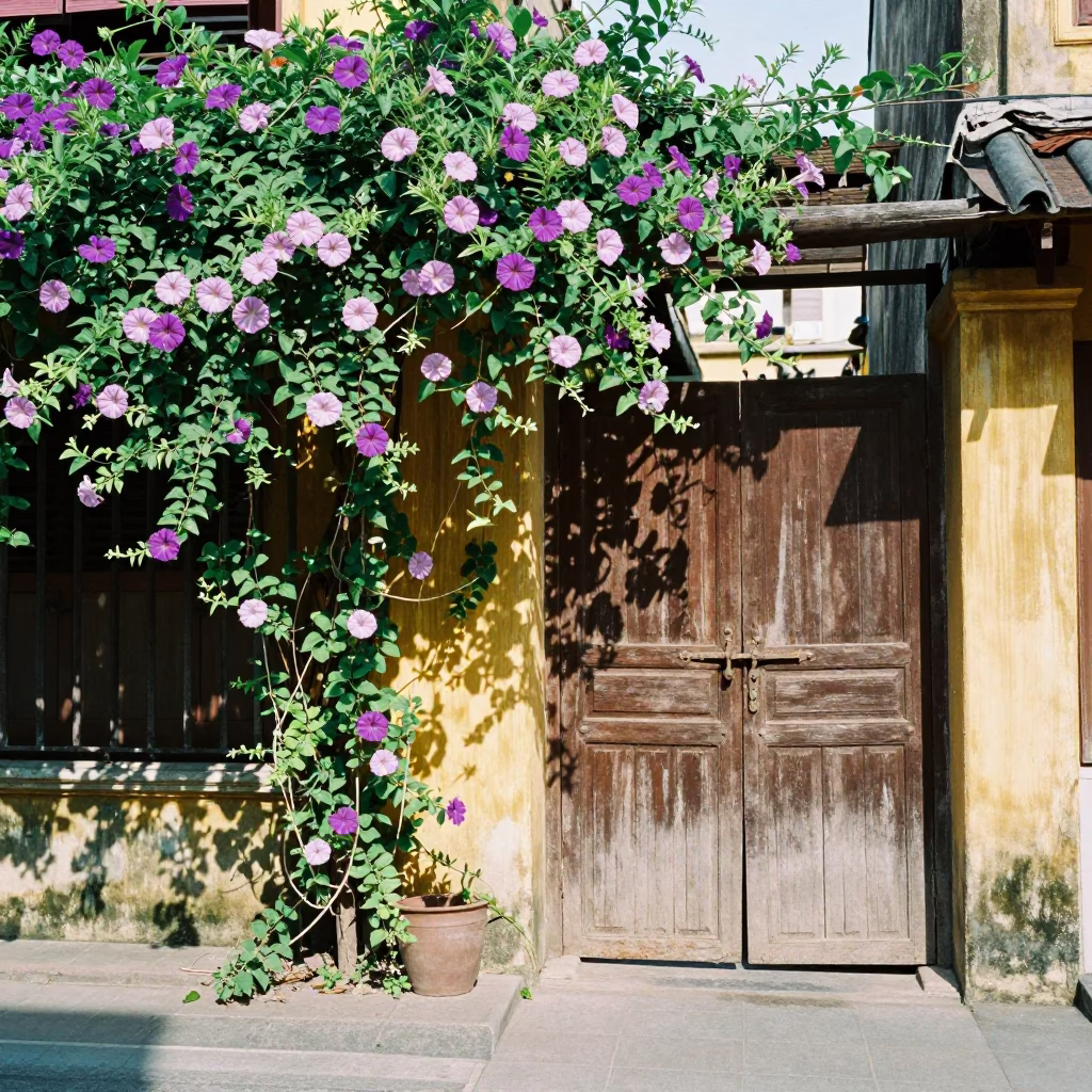 Hoi An Vietnam noon street scene with morning glory fence and dust on latch in in Hoi An, Vietnam