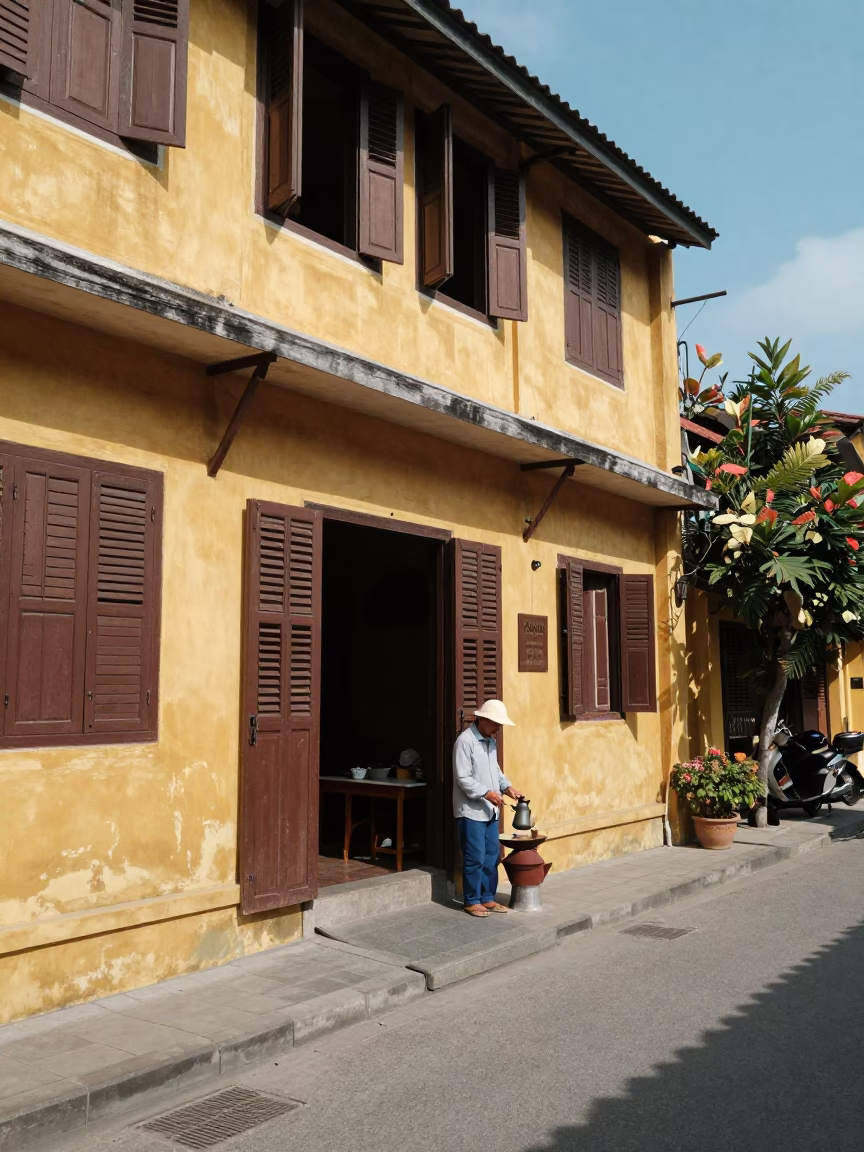 Hoi An Vietnam Noon Street Scene with Pitcher and Local Life in in Hoi An, Vietnam