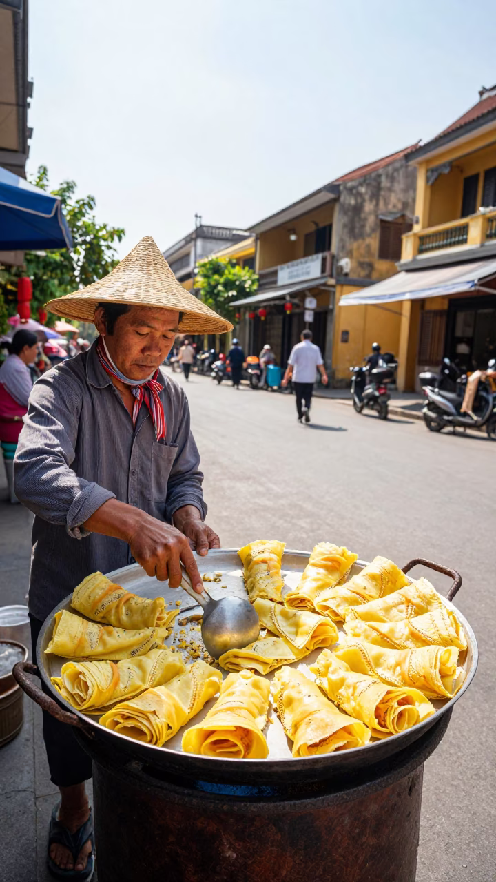 Hoi An Vietnam Noon Street Scene with Sizzling Banh Xeo and Local Vendor in in Hoi An, Vietnam
