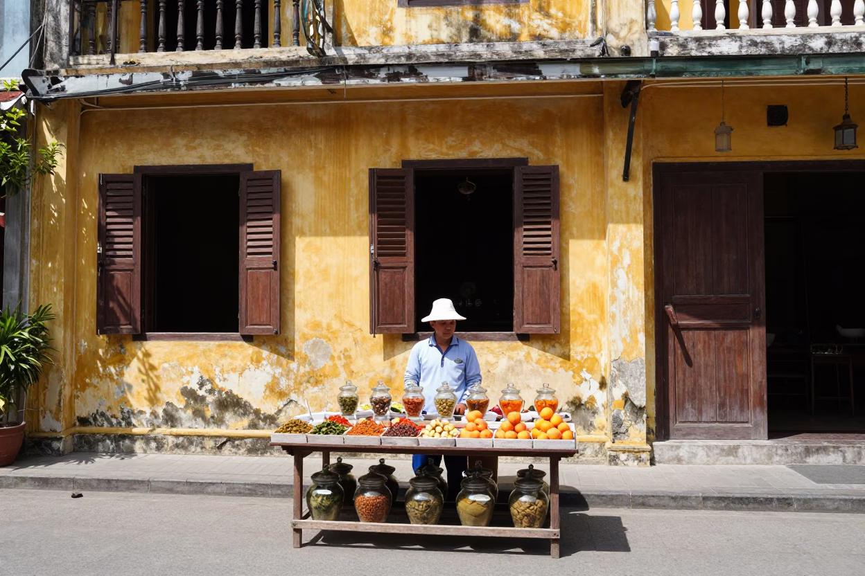 Hoi An Vietnam noon street scene with spice jars and apricots on wooden stall in in Hoi An, Vietnam