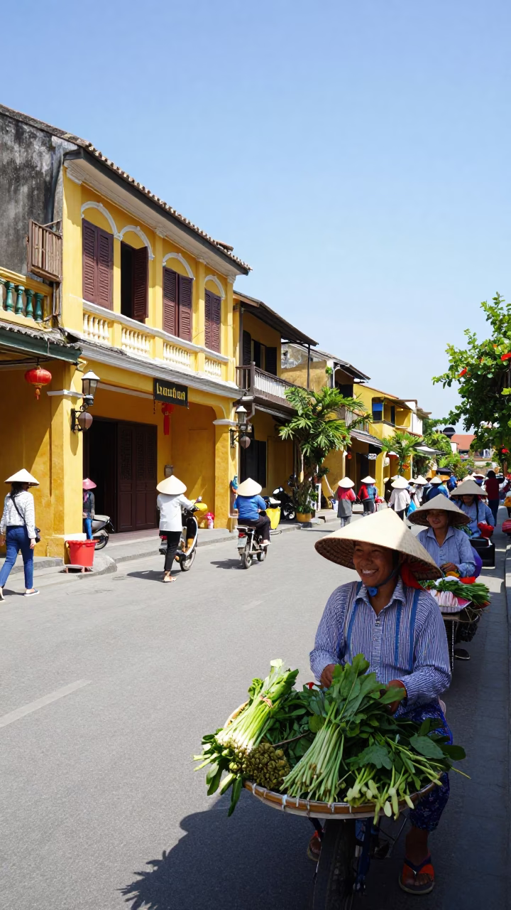 Hoi An Vietnam Noon Street Scene with Traditional Conical Hats and Yellow Colonial Architecture in in Hoi An, Vietnam