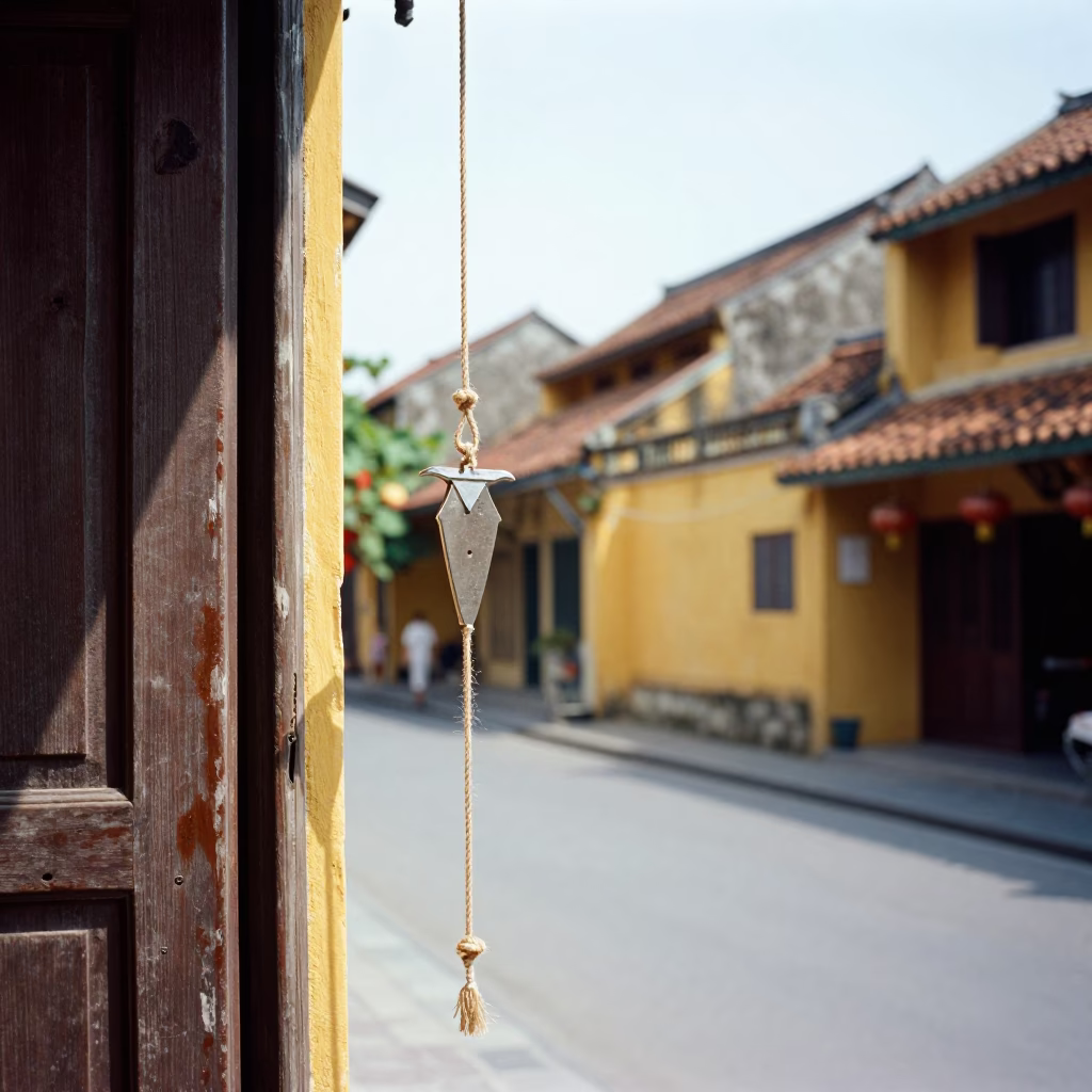Hoi An Vietnam Noon Street Scene with Twine and Amulet in Sunlight in in Hoi An, Vietnam