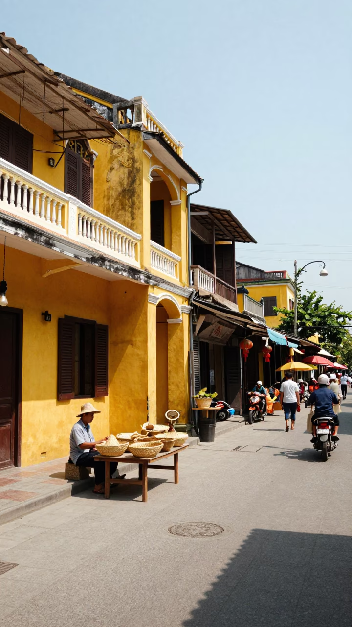Hoi An Vietnam Noon Street Scene with Yellow Buildings and Local Commerce in in Hoi An, Vietnam