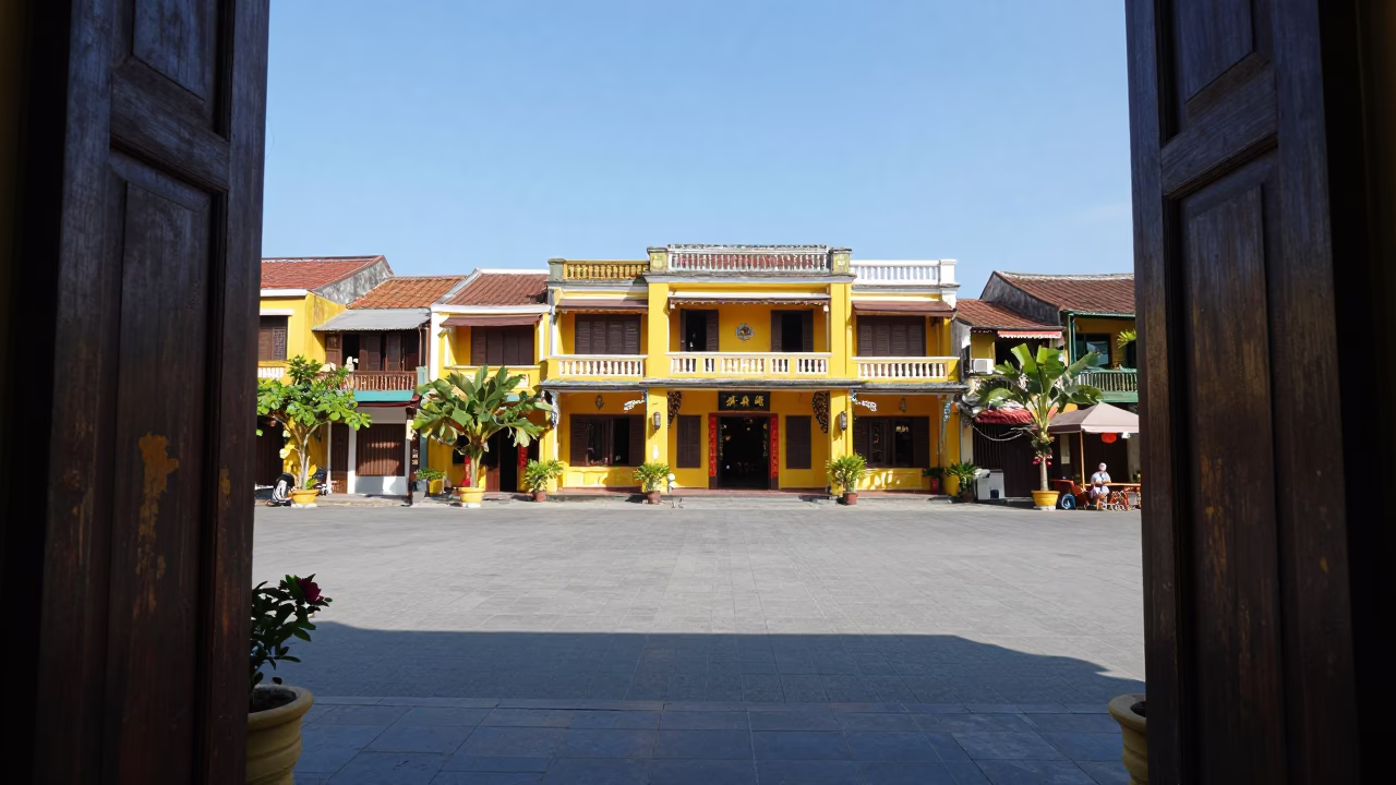 Hoi An Vietnam Noon Street Scene with Yellow Buildings and Local Life in in Hoi An, Vietnam