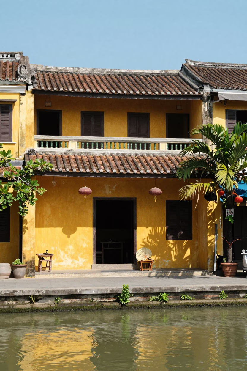 Hoi An Vietnam Noon Sunlight on Yellow Ancient Houses and River Activity in in Hoi An, Vietnam