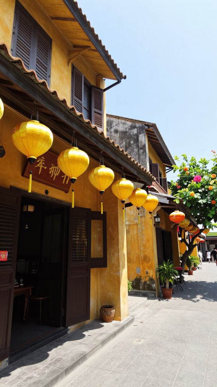 Hoi An Vietnam Noon Sunlight Paper Lanterns and Yellow Facades Street Scene in in Hoi An, Vietnam
