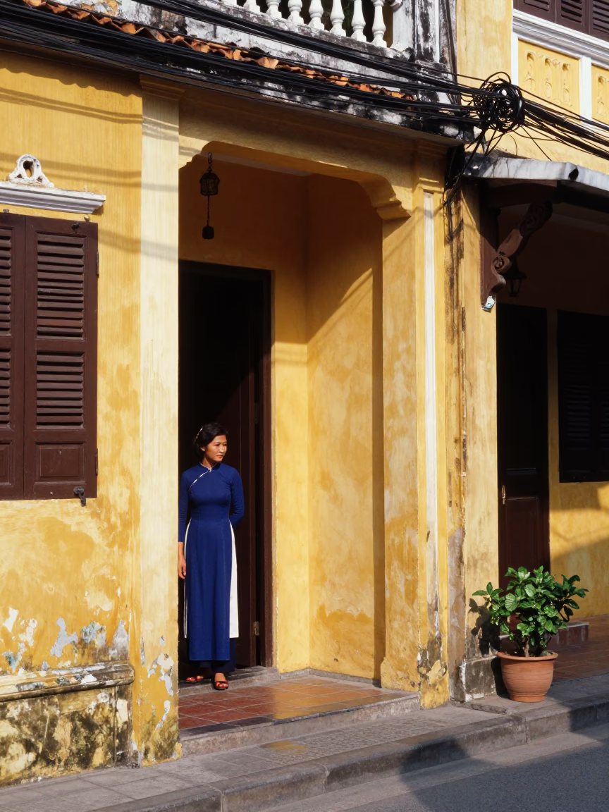Hoi An Vietnam Noon Sunlight Striking Yellow House Doorframe Local Street Scene in in Hoi An, Vietnam