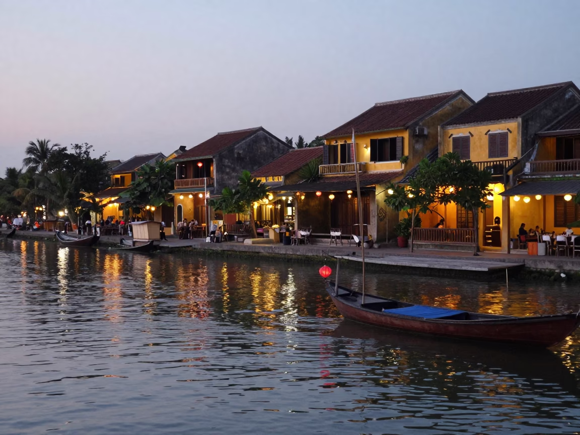 Hoi An Vietnam Pre-Dawn River Scene with Traditional Lanterns and Wooden Boats in in Hoi An, Vietnam