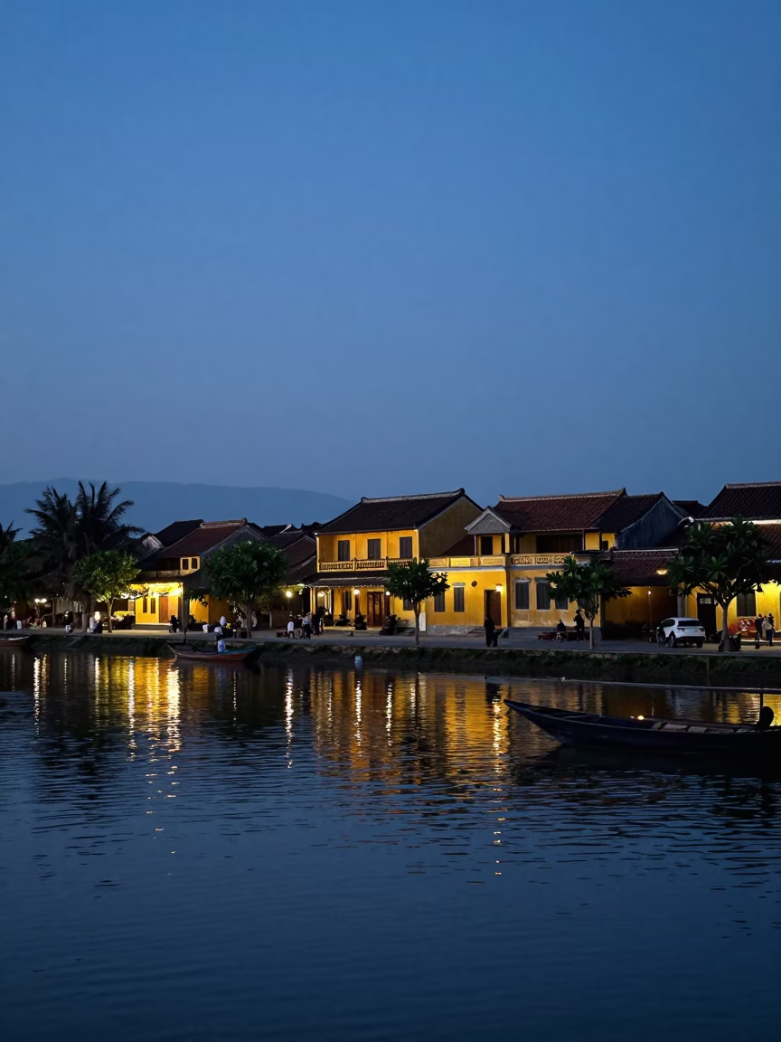 Hoi An Vietnam Pre-Dawn River View Ancient Yellow Buildings Reflection in in Hoi An, Vietnam