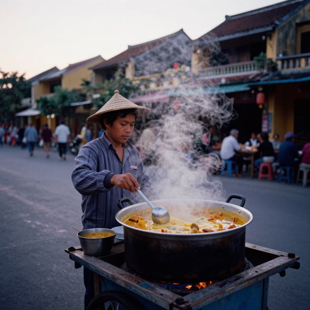 Hoi An Vietnam Pre-Dawn Street Food Vendor Serving Curry with Steam Rising in in Hoi An, Vietnam