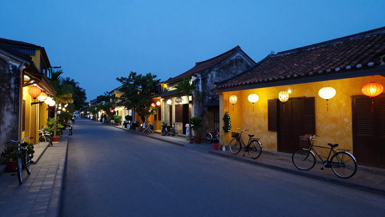Hoi An Vietnam pre-dawn street scene with bicycles and lanterns in in Hoi An, Vietnam