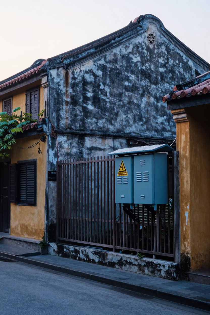 Hoi An Vietnam Pre-Dawn Street Scene With Dew And Warning Placards in in Hoi An, Vietnam