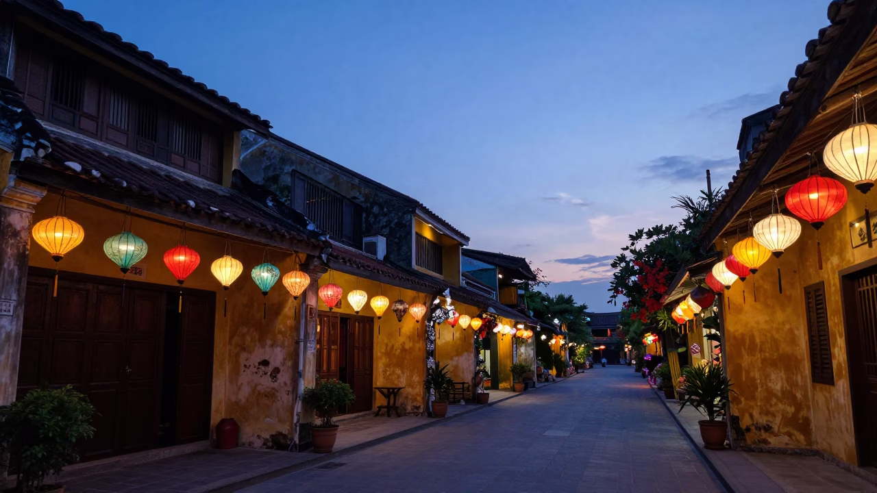 Hoi An Vietnam Pre-Dawn Street Scene with Hanging Lanterns and Local Vendor in in Hoi An, Vietnam