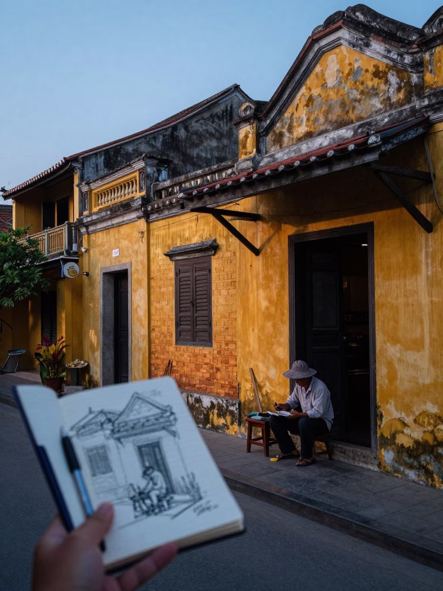 Hoi An Vietnam Pre-Dawn Street Scene with Sketchbook and Fountain Pen in in Hoi An, Vietnam