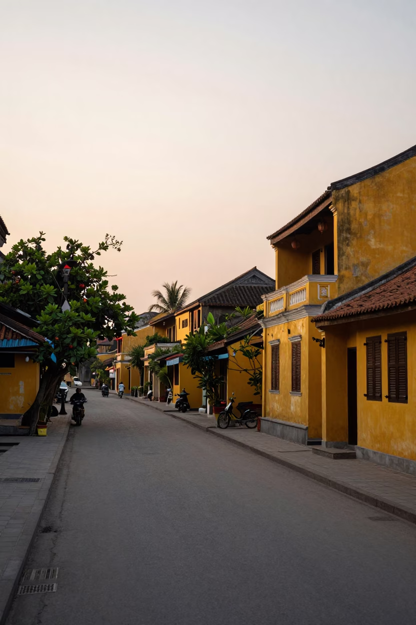 Hoi An Vietnam Pre-Dawn Street Scene with Traditional Yellow Walls and Wooden Shutters in in Hoi An, Vietnam