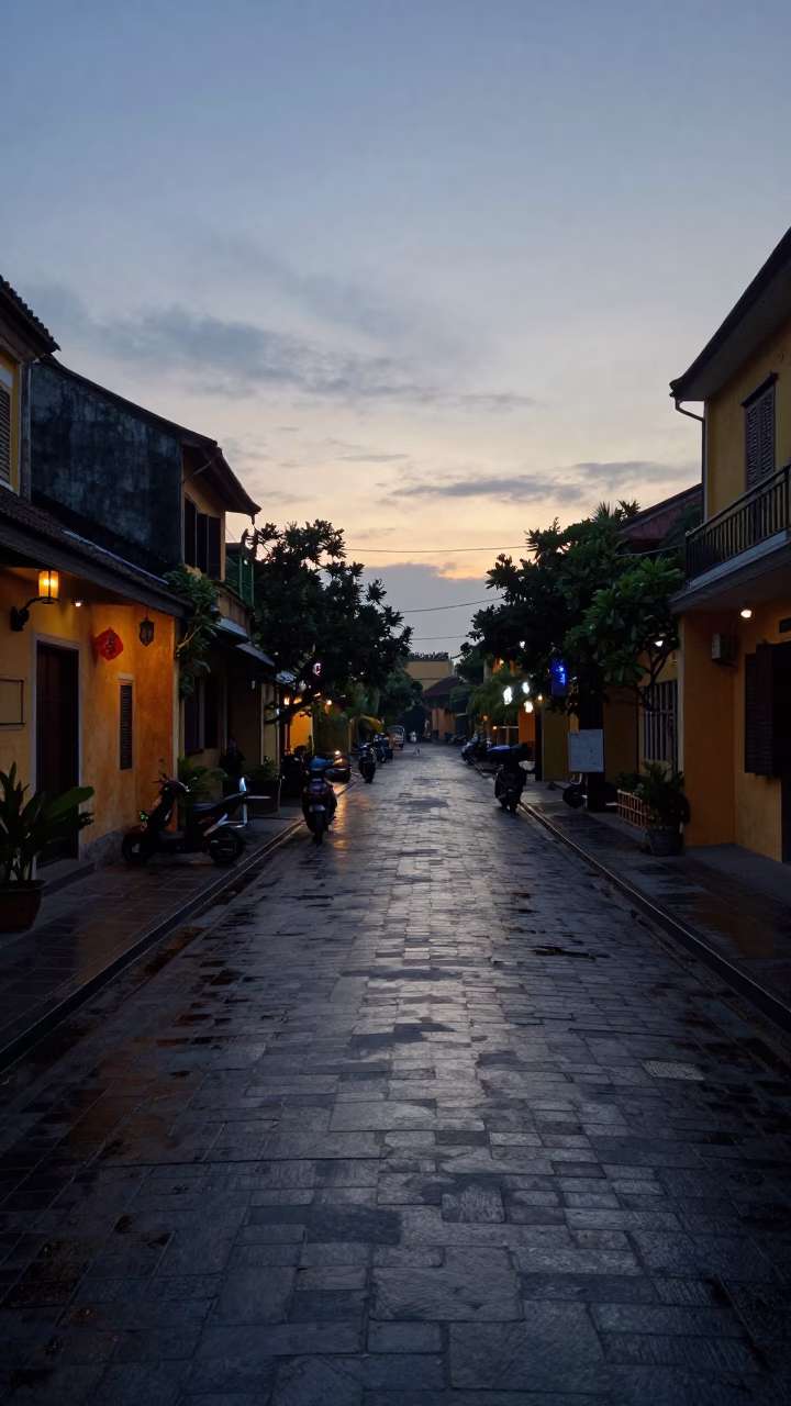 Hoi An Vietnam pre-dawn street scene with wet cobblestones and traditional lanterns in in Hoi An, Vietnam