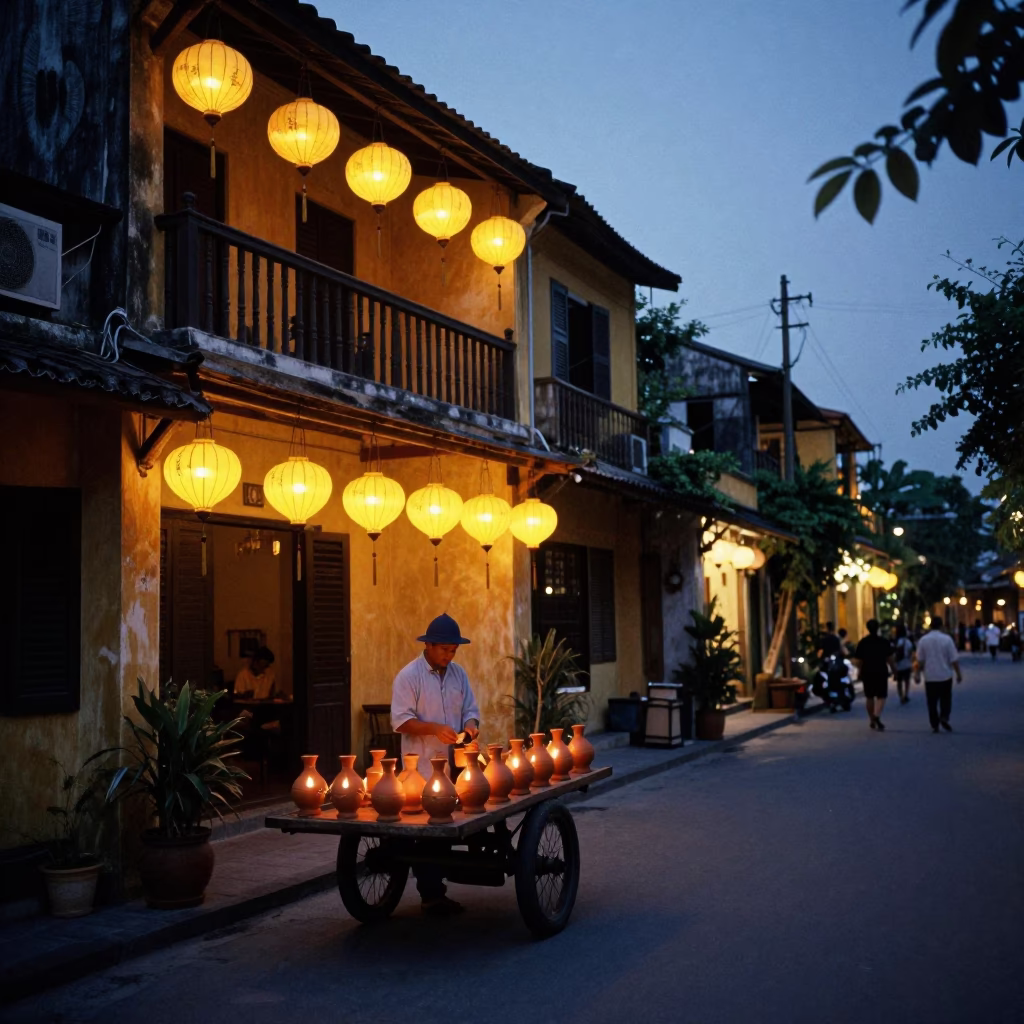 Hoi An Vietnam Predawn Street Scene with Clay Lamps and Lanterns in in Hoi An, Vietnam