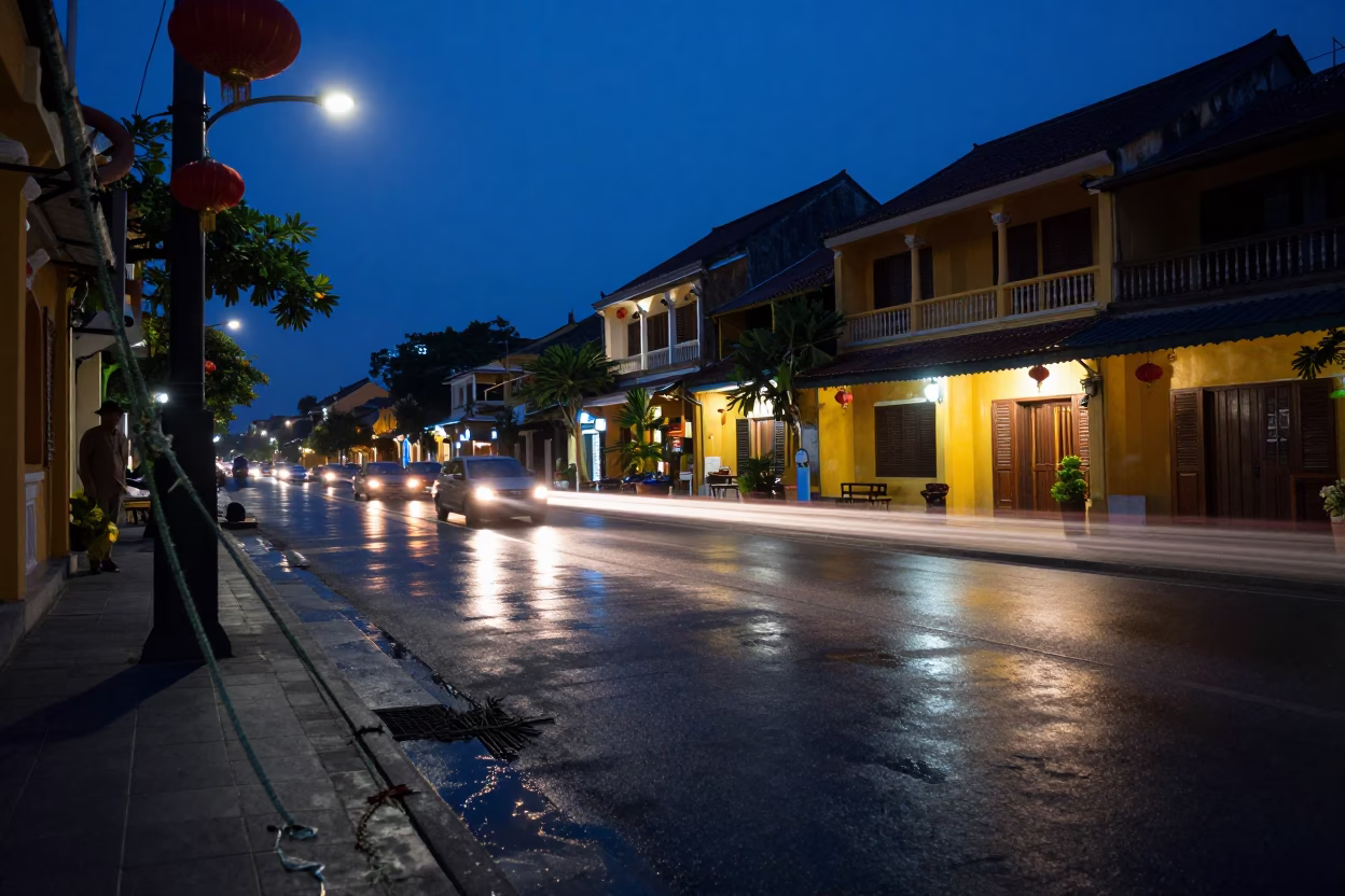 Hoi An Vietnam Predawn Street Scene with Frayed Rope and Hotel Awning in in Hoi An, Vietnam
