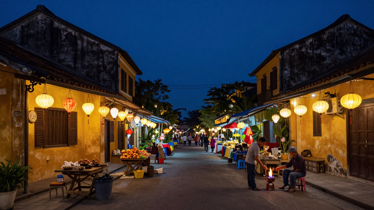 Hoi An Vietnam Predawn Street Scene with Lanterns and Early Market Activity in in Hoi An, Vietnam