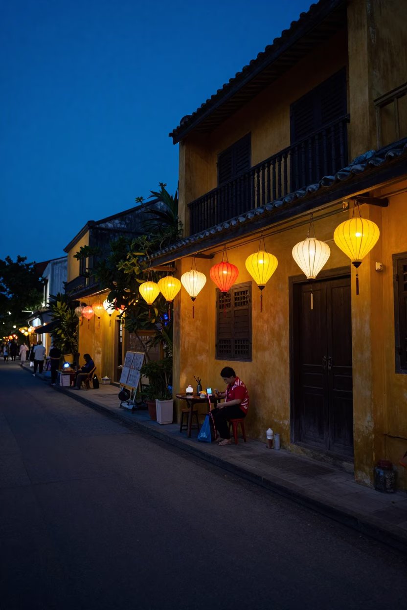 Hoi An Vietnam Predawn Street Scene with Lanterns and Local Vendor in in Hoi An, Vietnam