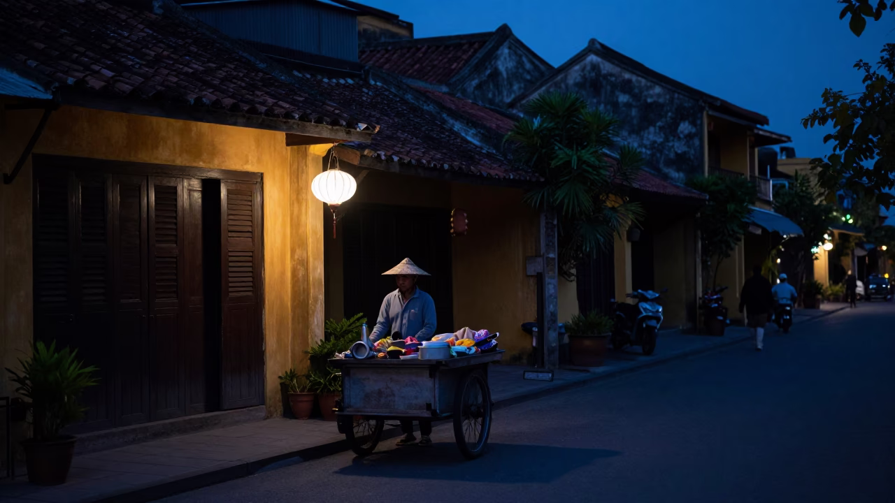 Hoi An Vietnam Predawn Street Scene with Local Vendor and Morning Supplies in in Hoi An, Vietnam